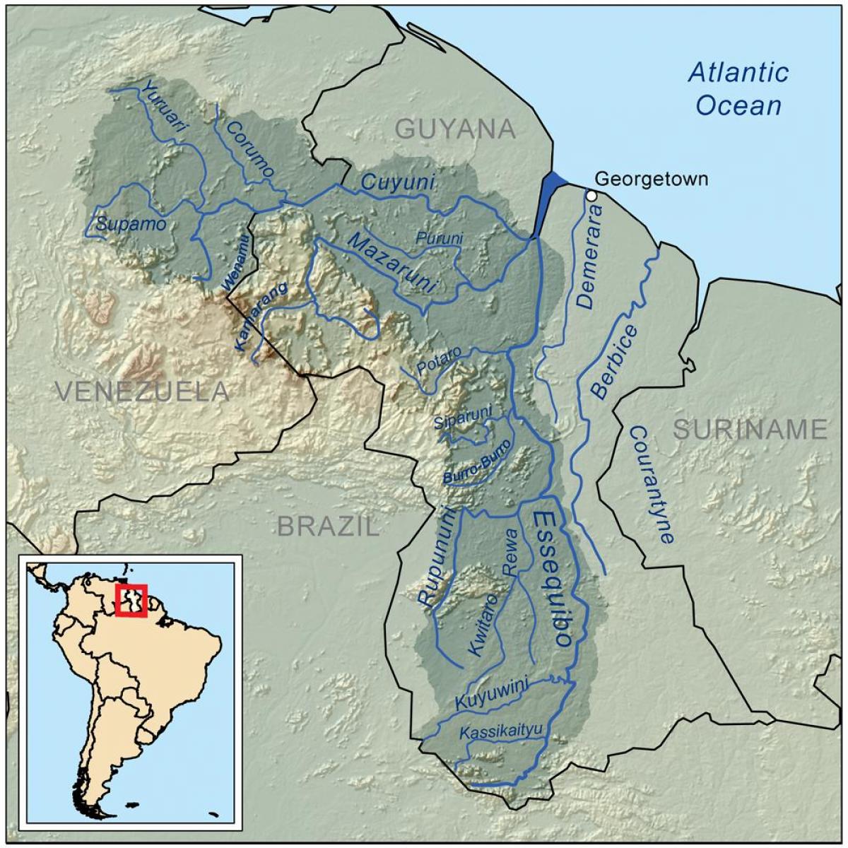 mapa Guyana erakutsiz hiru nagusia ibaiak