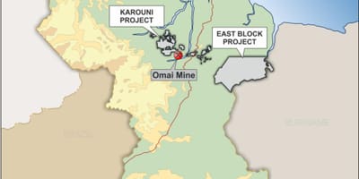 Mapa Guyana erakutsiz mineral baliabideak